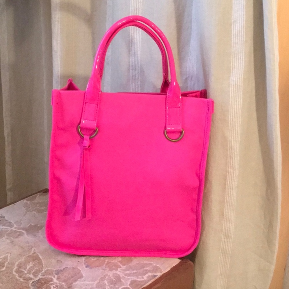 Neiman Marcus Hot Pink Vinyl/Canvas Small Tote